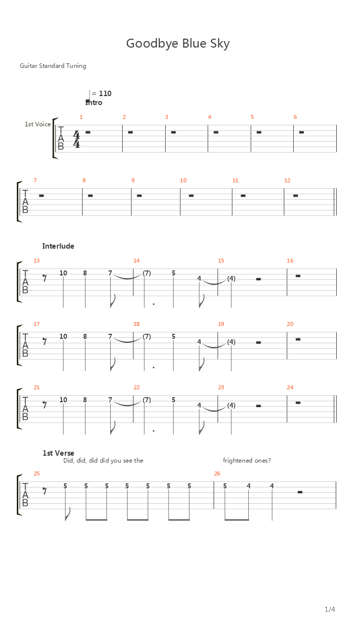 Goodbye Blue Sky吉他谱