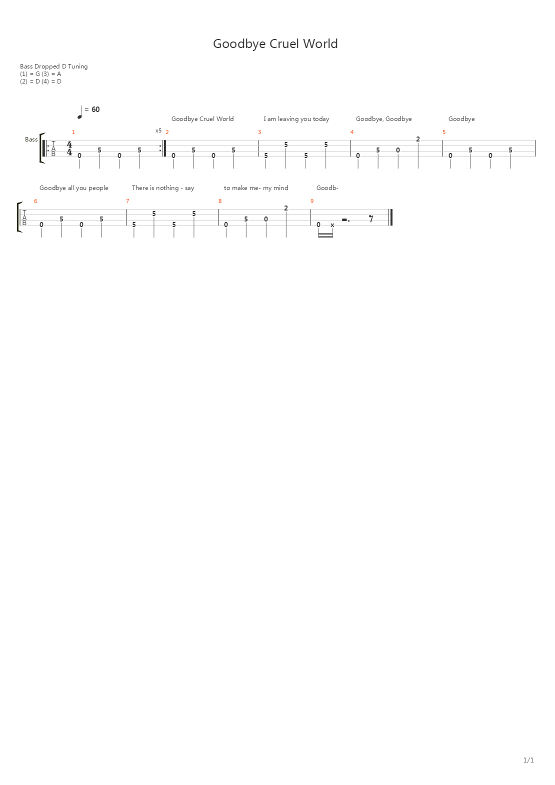 Goodbye Cruel World吉他谱
