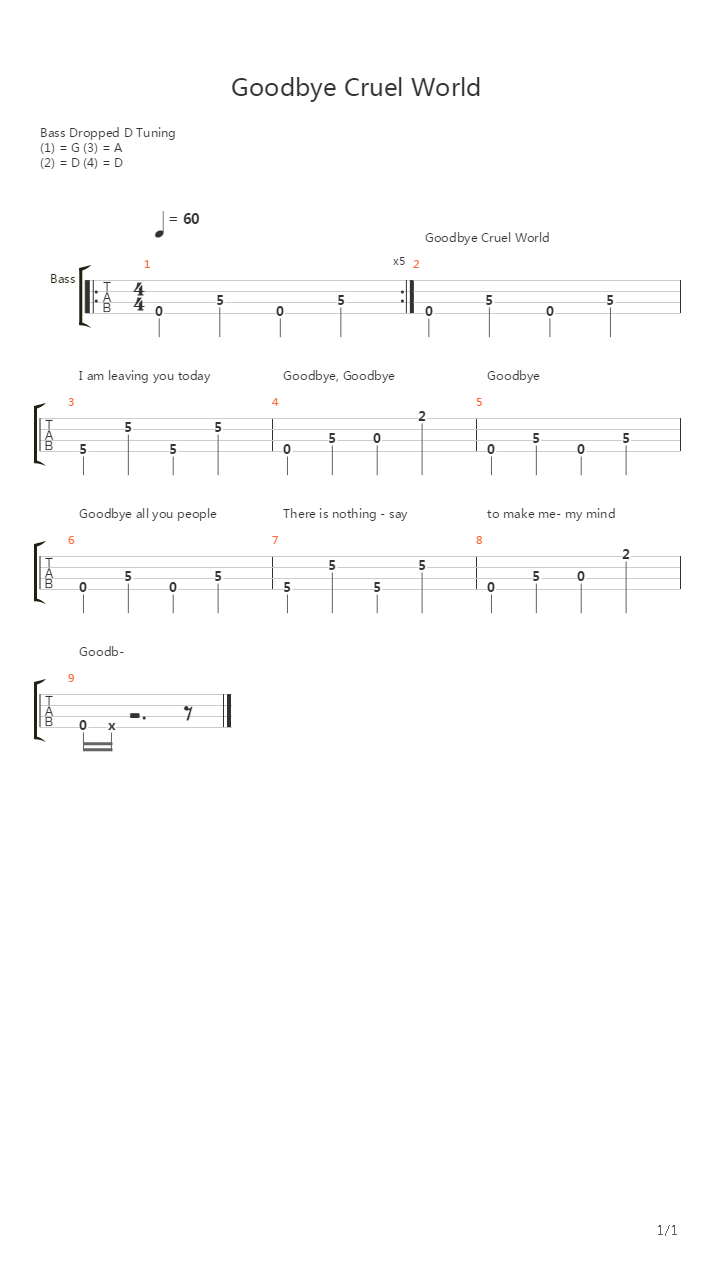 Goodbye Cruel World吉他谱