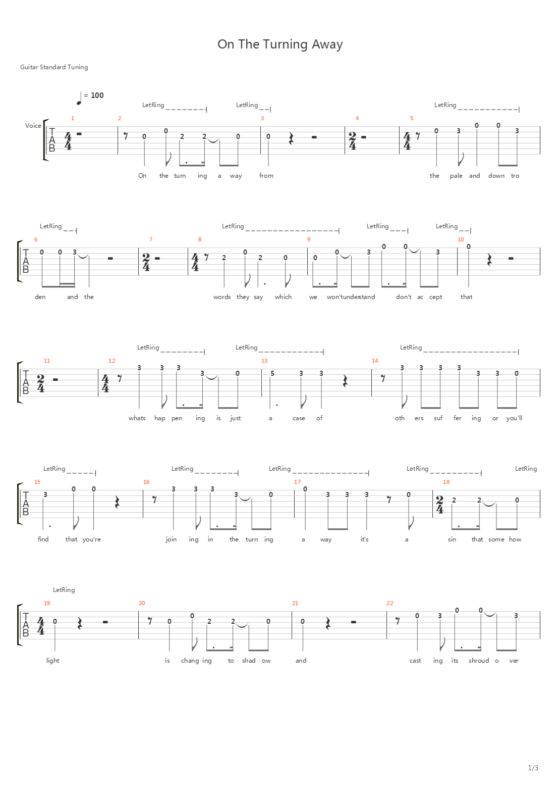 On The Turning Away吉他谱