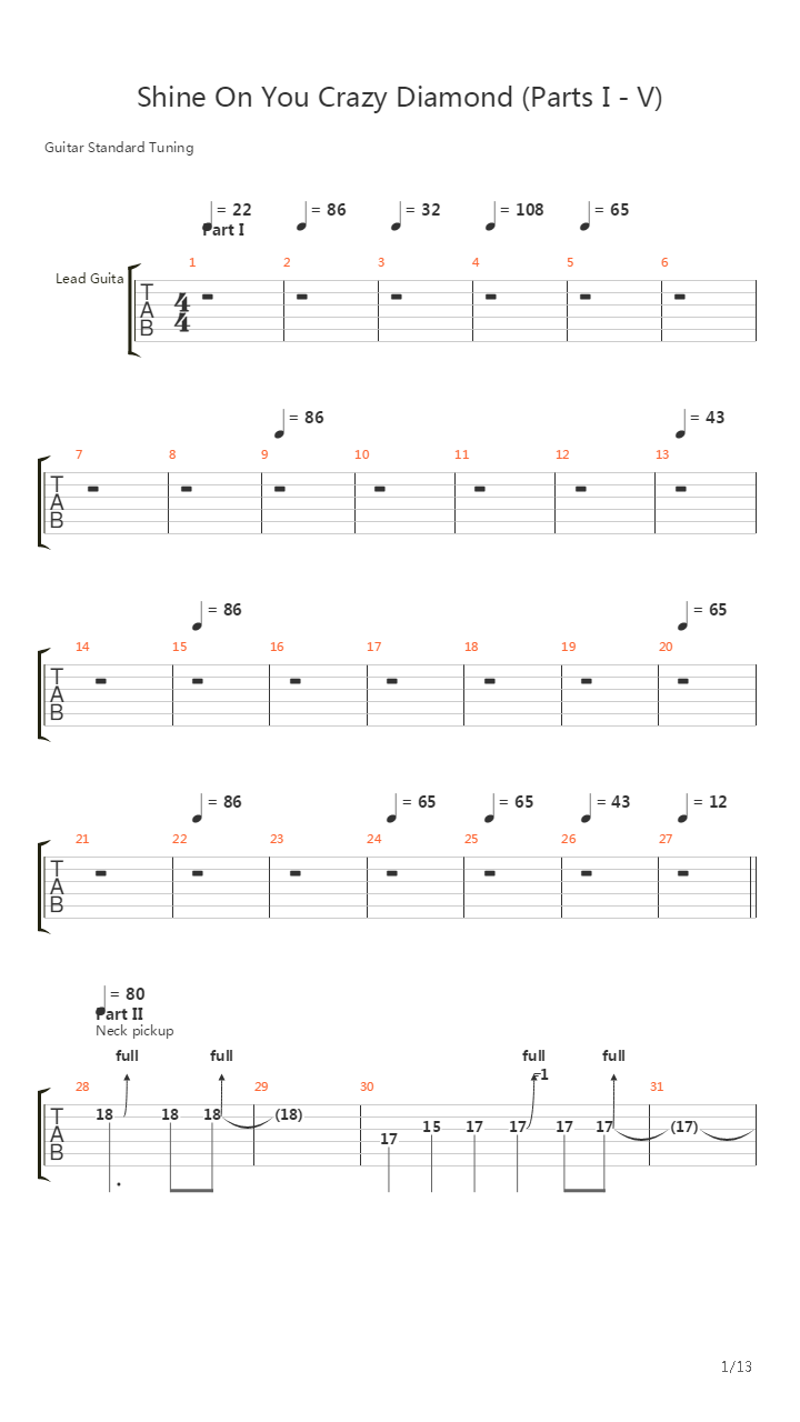 Shine On You Crazy Diamond Part I-v吉他谱