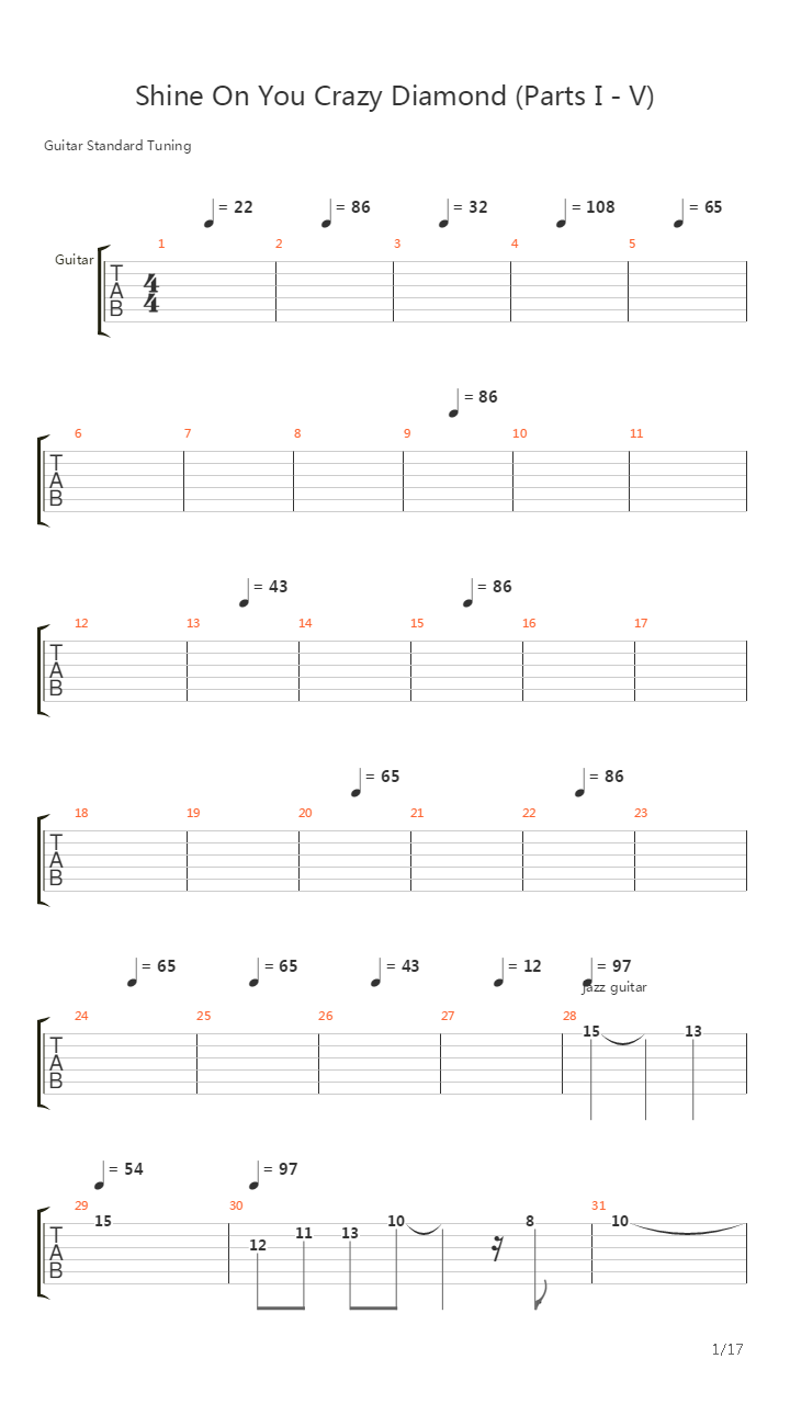 Shine On You Crazy Diamond Parts I - V吉他谱