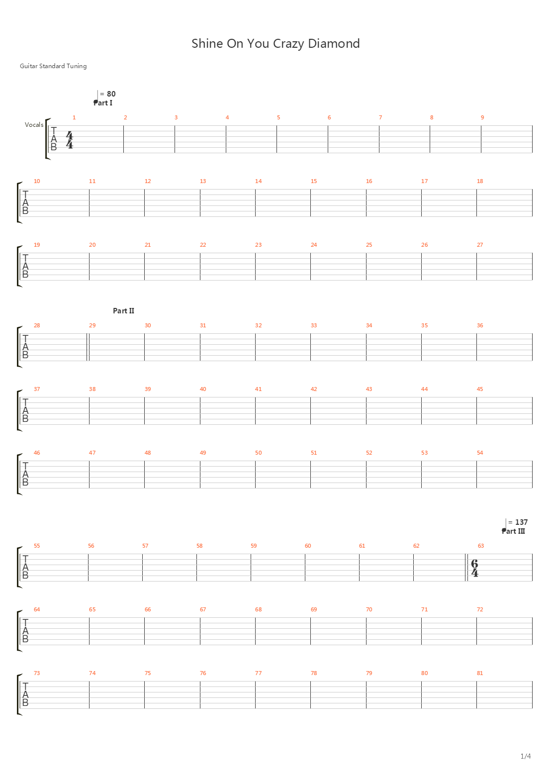 Shine On You Crazy Diamond Temp Parts I-v吉他谱