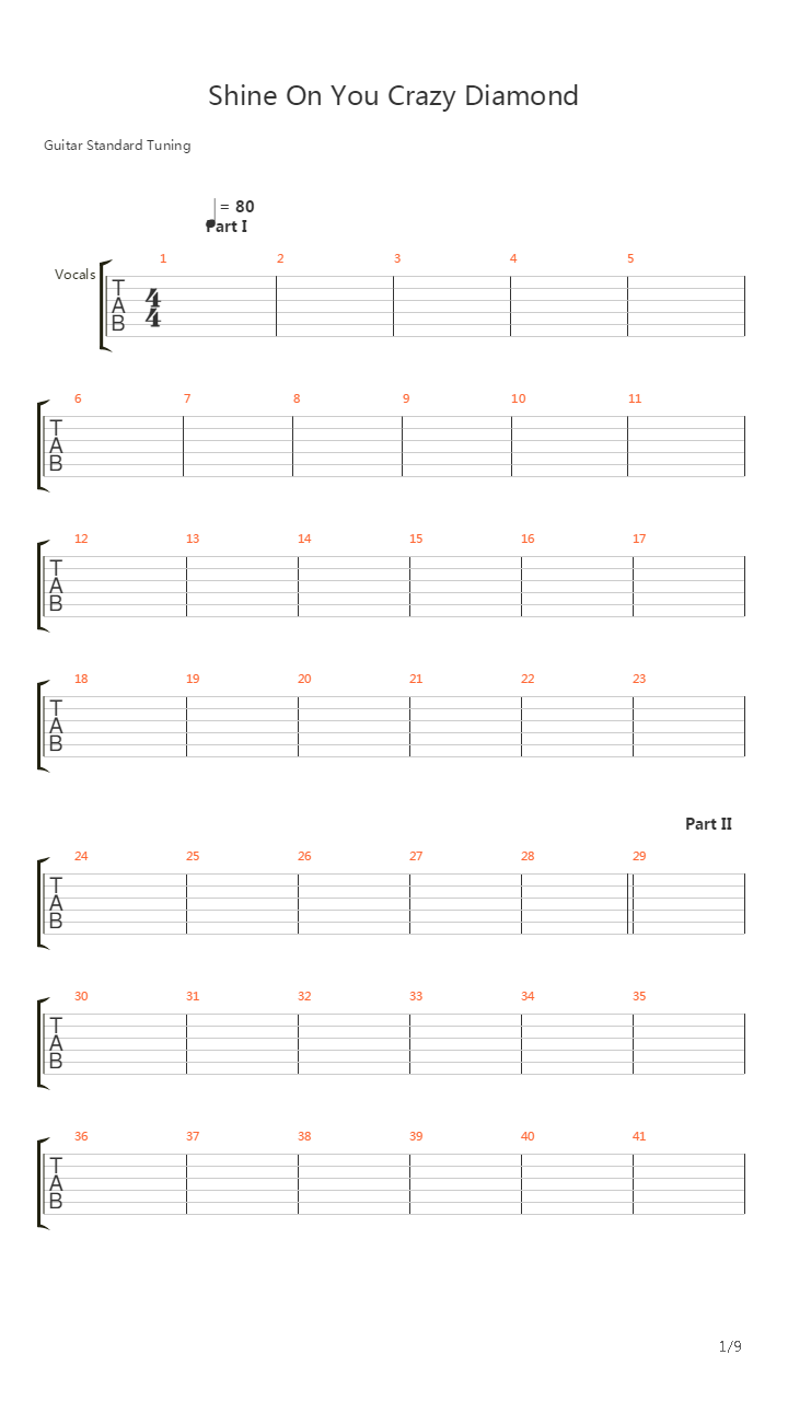 Shine On You Crazy Diamond Temp Parts I-v吉他谱