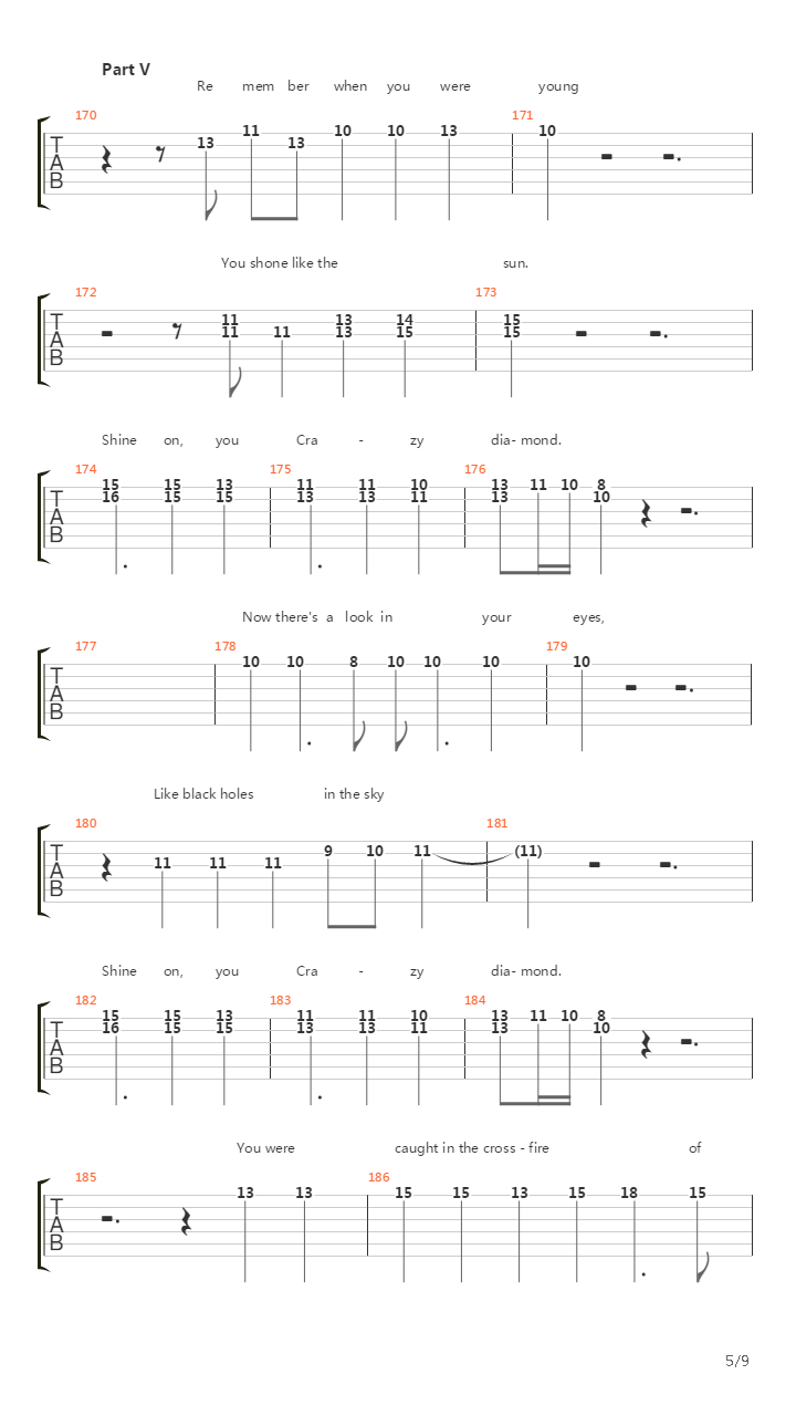 Shine On You Crazy Diamond Temp Parts I-v吉他谱