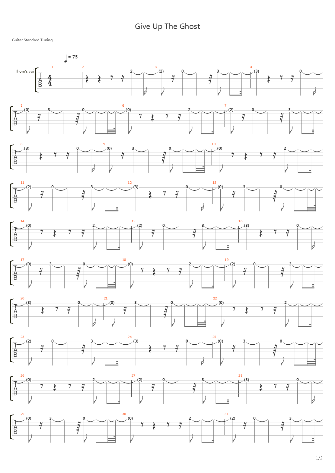 Give Up The Ghost吉他谱