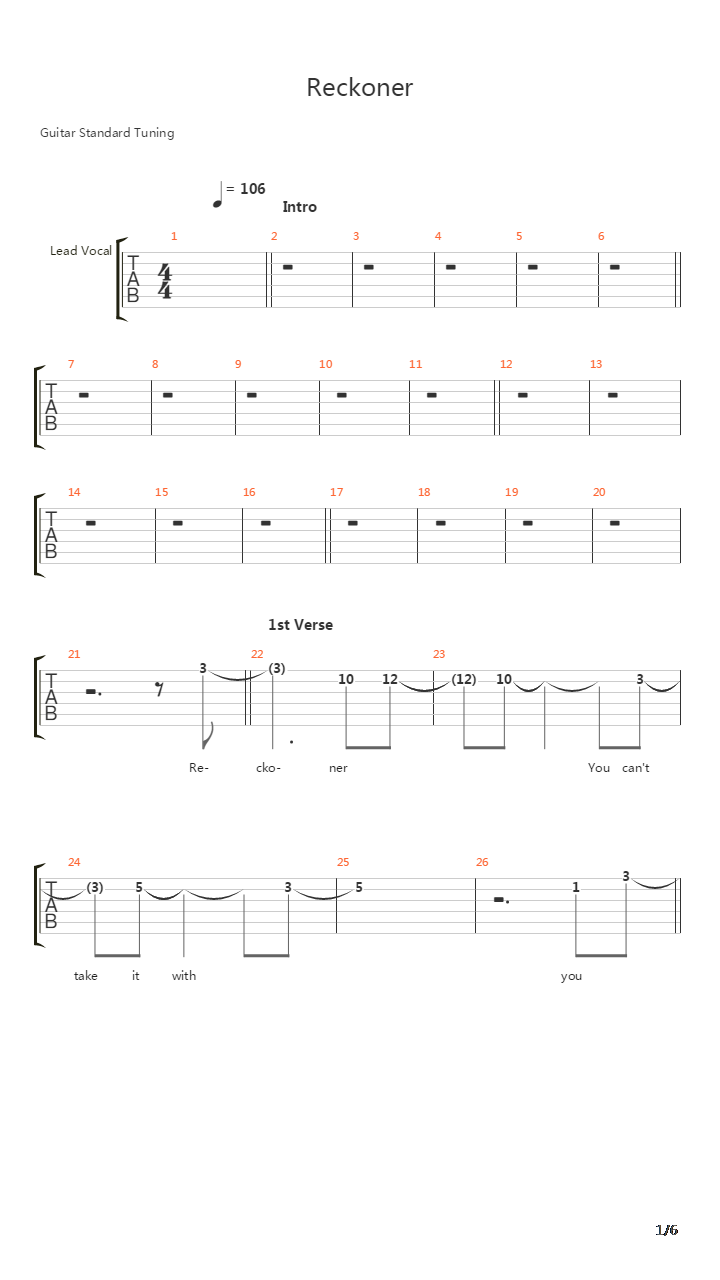 Reckoner吉他谱