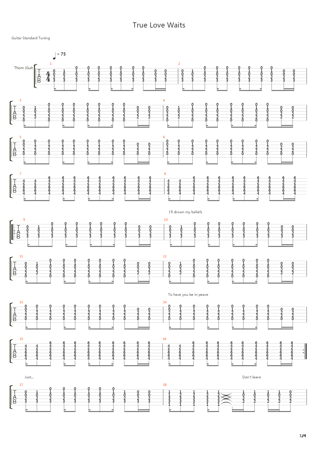 True Love Waits吉他谱