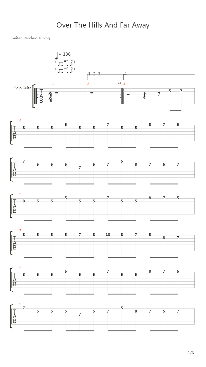 Over The Hills And Far Away吉他谱