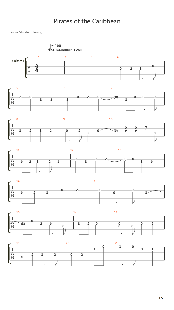 加勒比海盗(Pirates Of The Caribbean)吉他谱