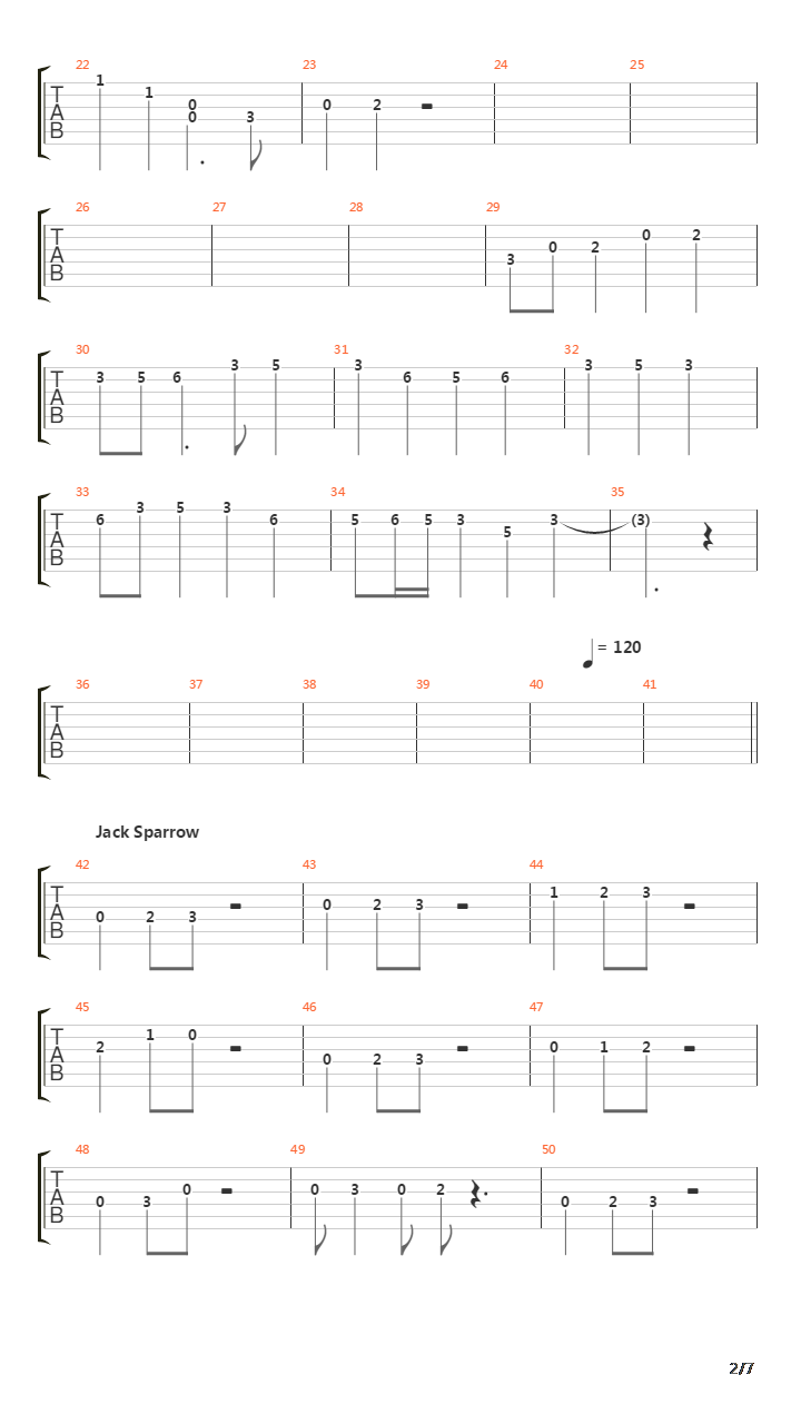 加勒比海盗(Pirates Of The Caribbean)吉他谱