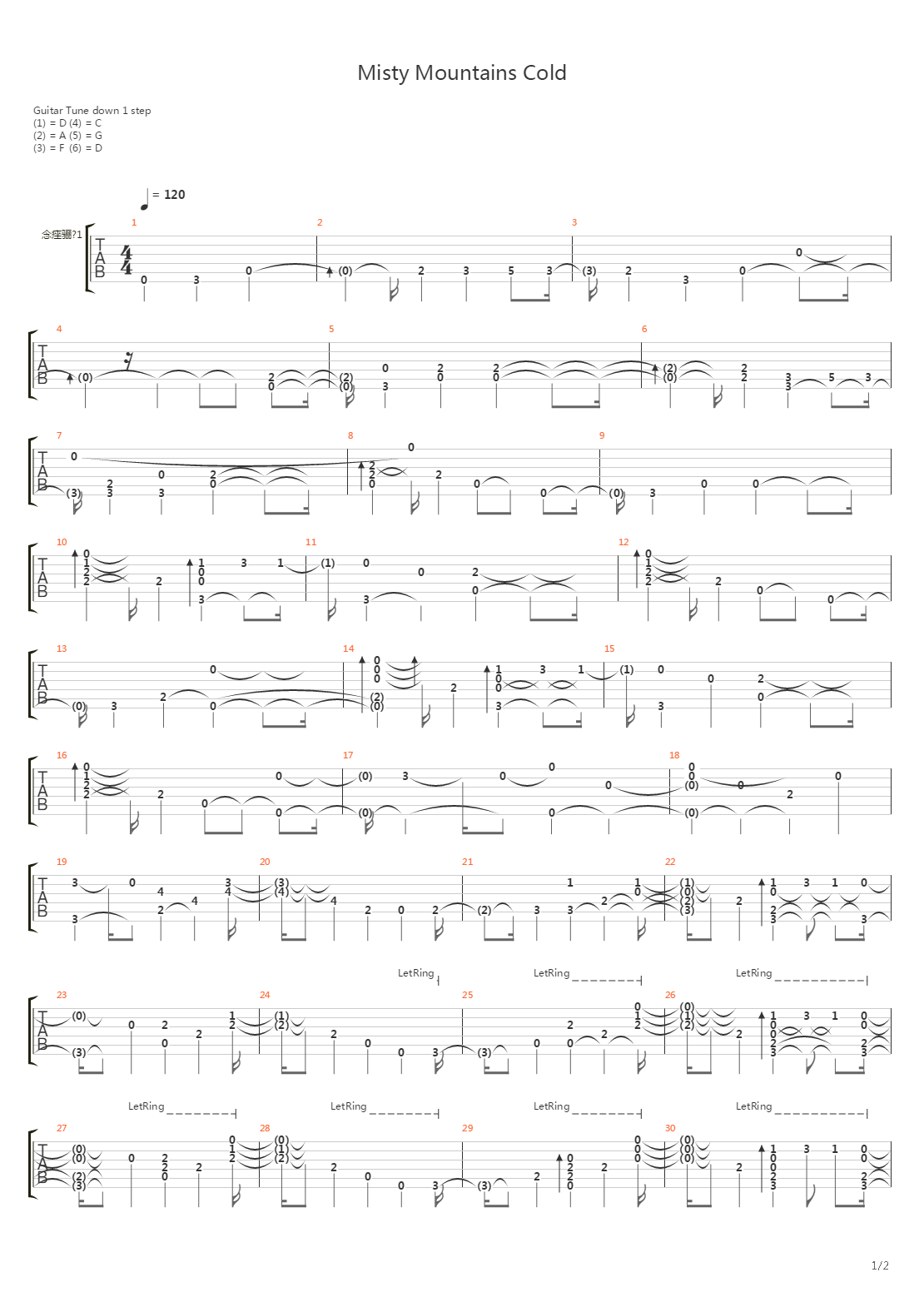 Misty Mountains Cold吉他谱