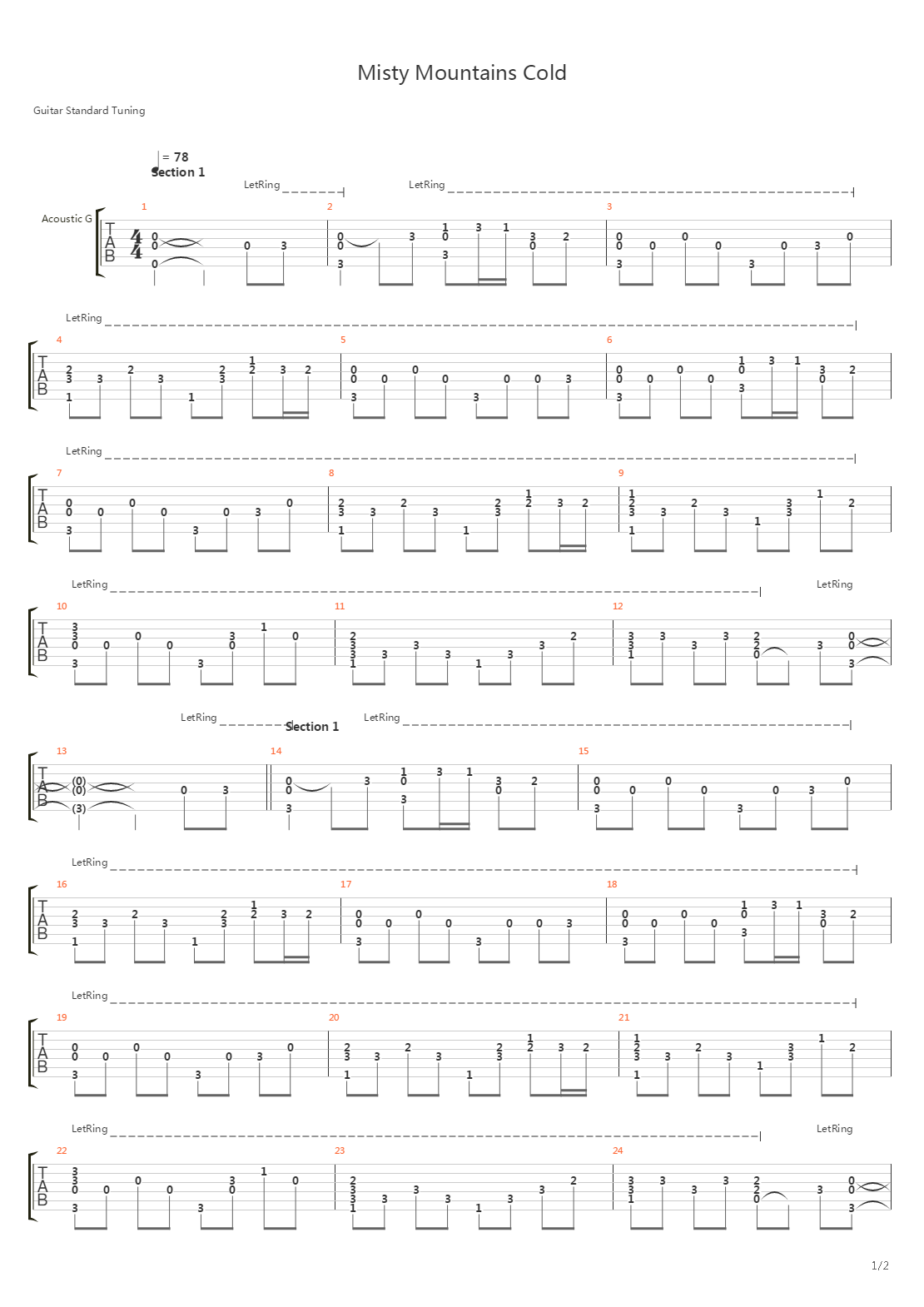 Misty Mountains Cold吉他谱
