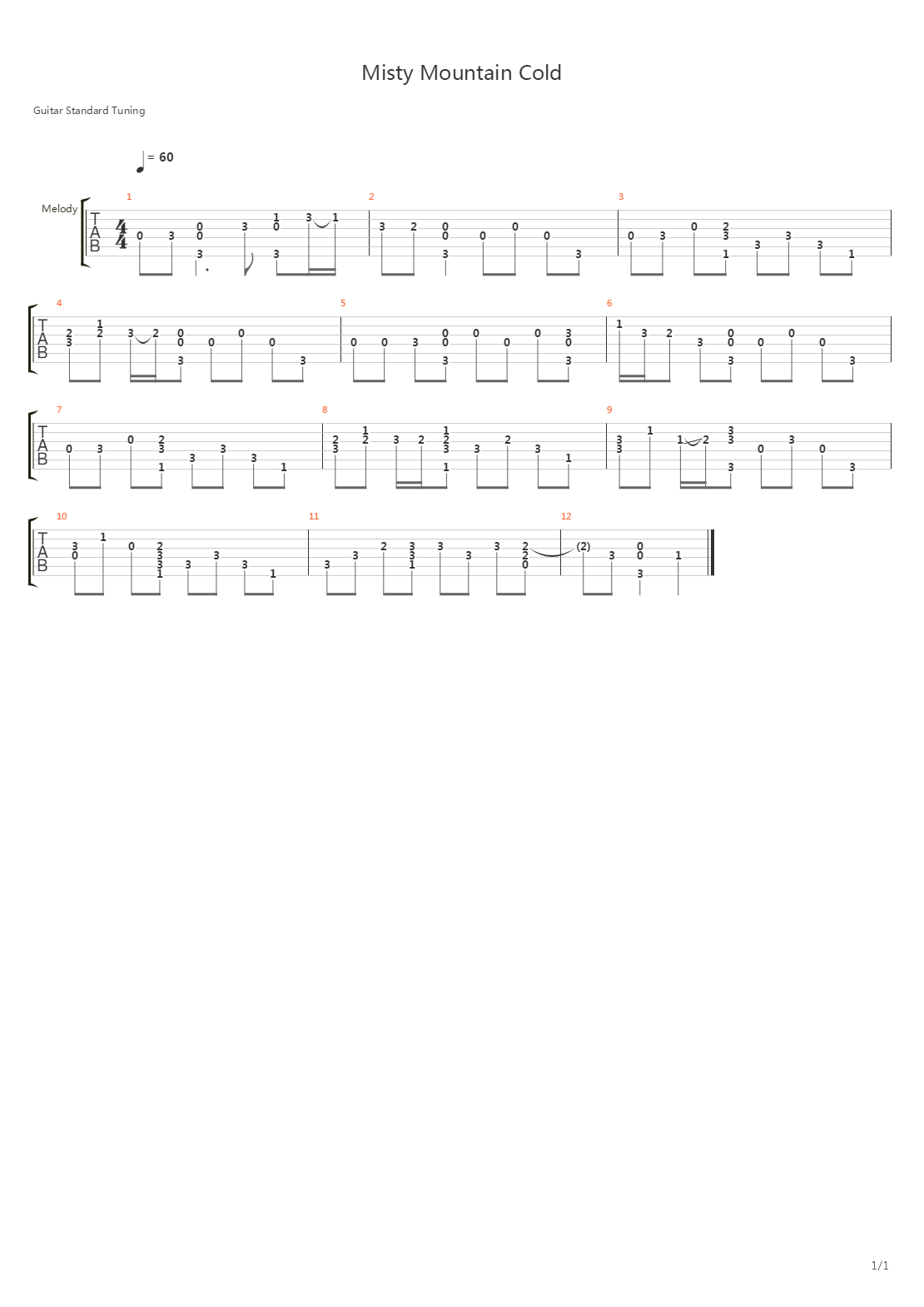 Misty Mountains Cold吉他谱