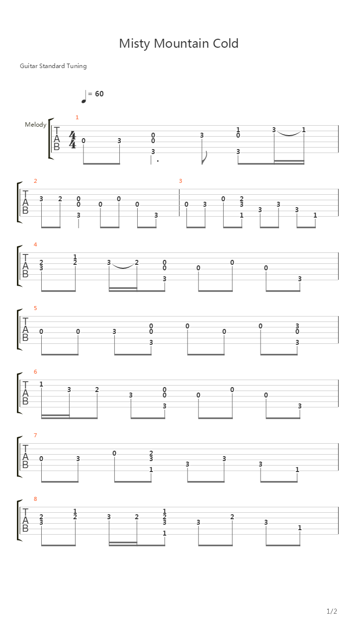 Misty Mountains Cold吉他谱