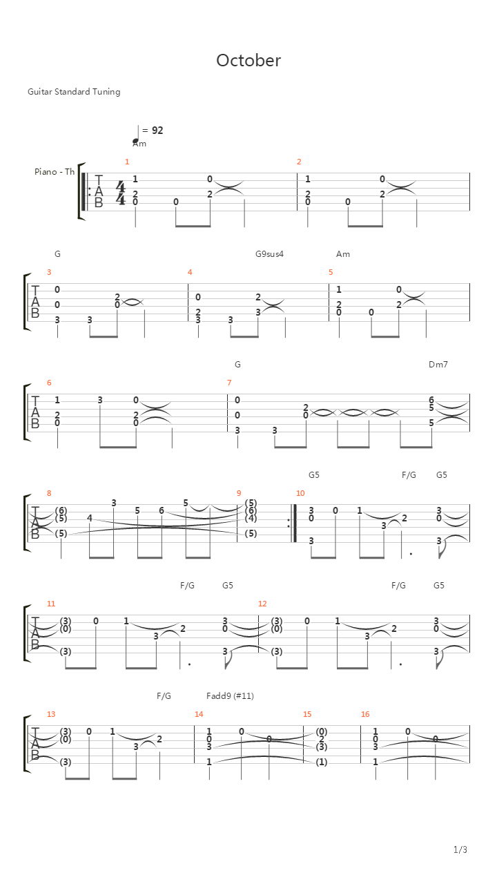October吉他谱