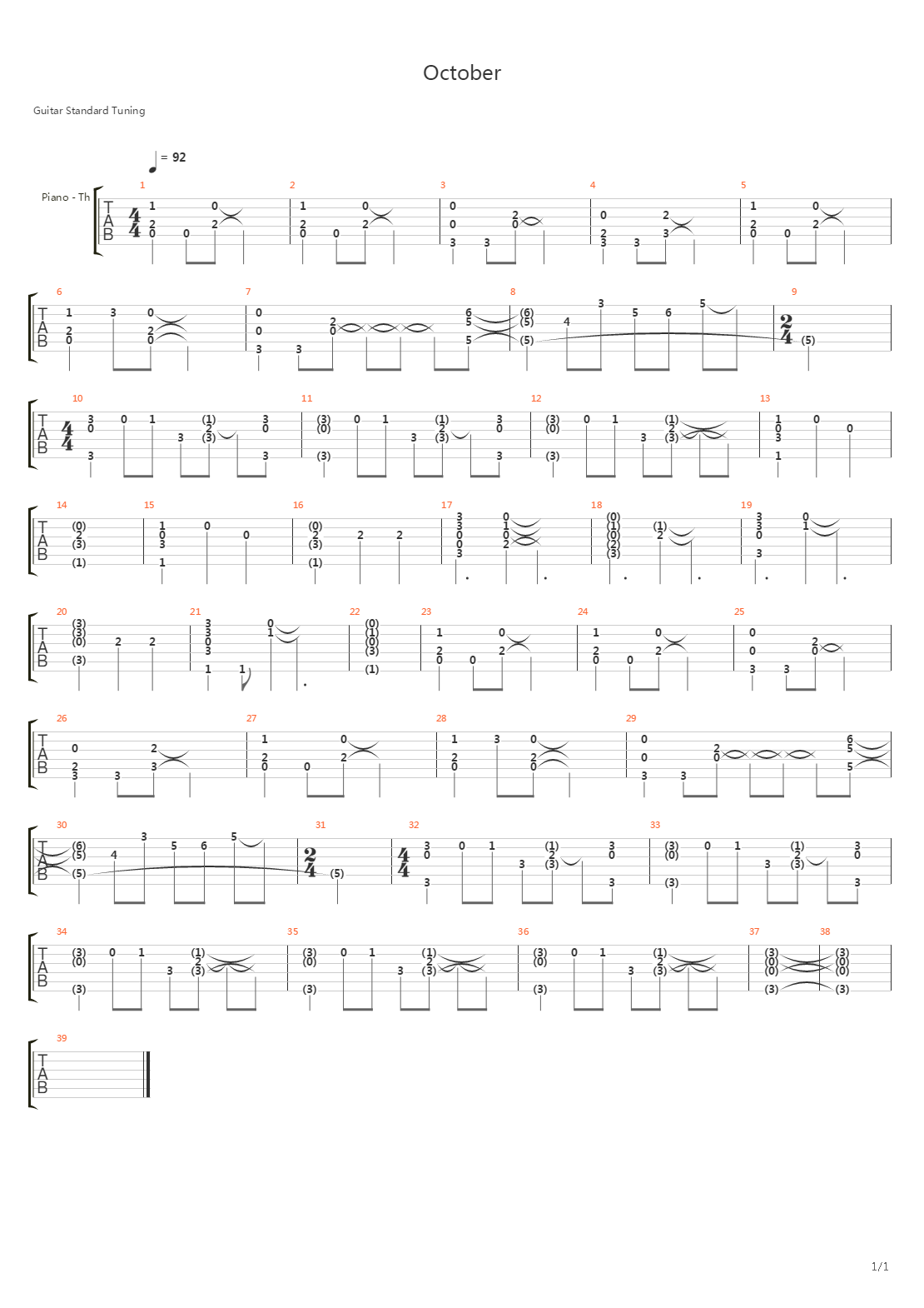 October吉他谱
