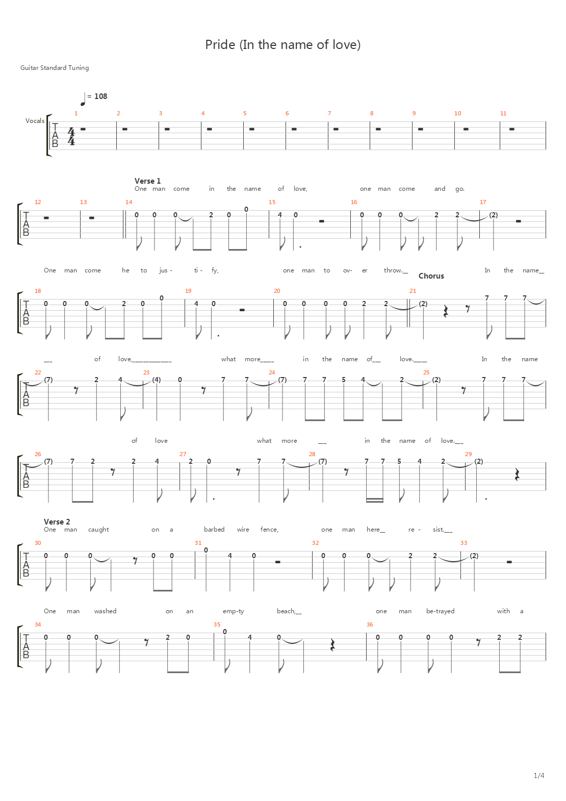 Pride In The Name Of Love吉他谱