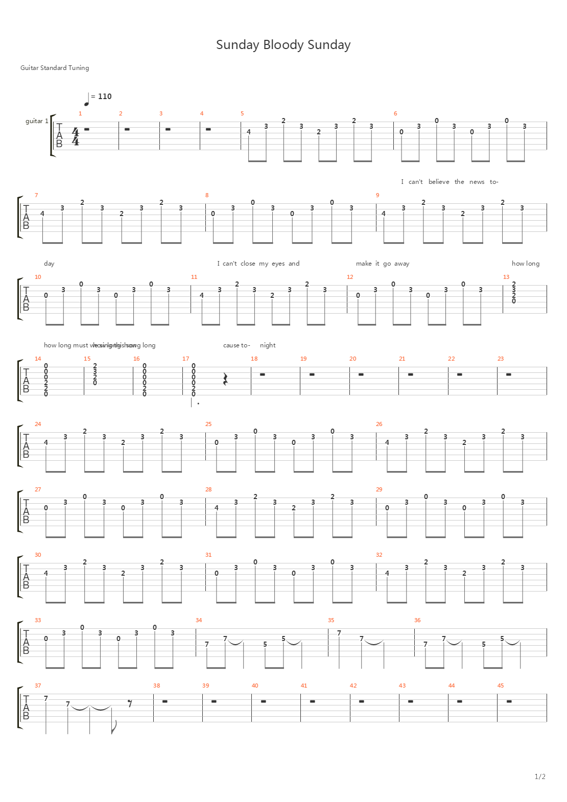 Sunday Bloody Sunday吉他谱