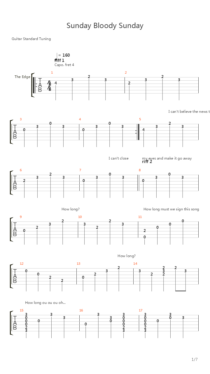 Sunday Bloody Sunday吉他谱