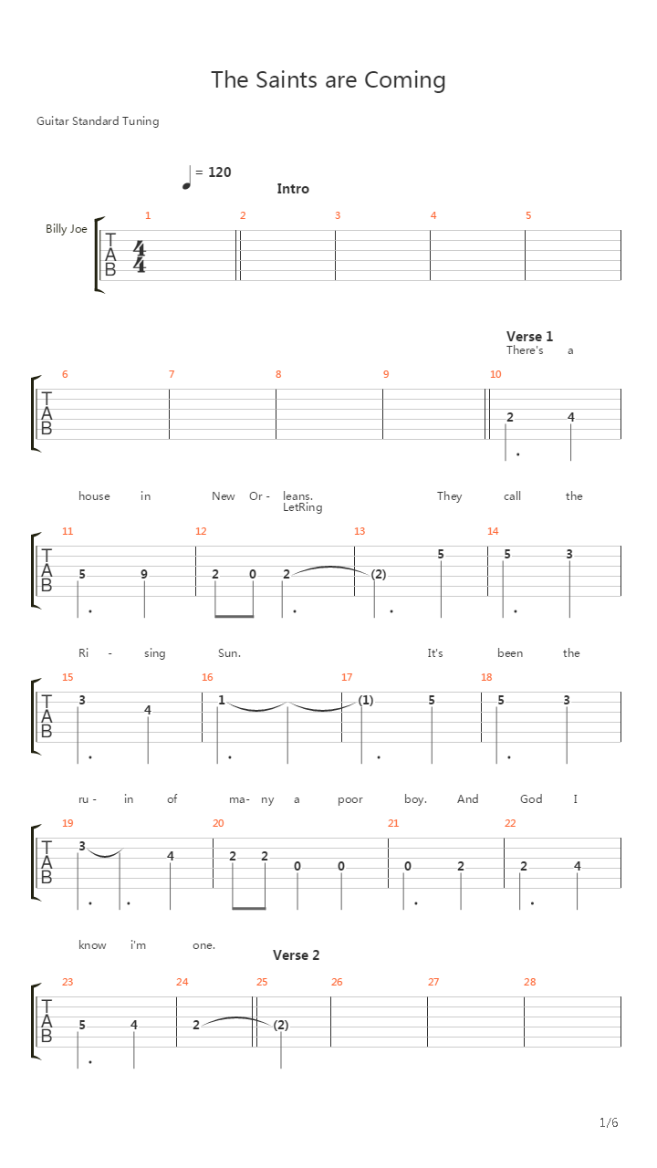 The Saints Are Coming吉他谱