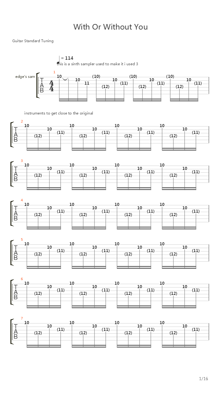 With Or Without You吉他谱