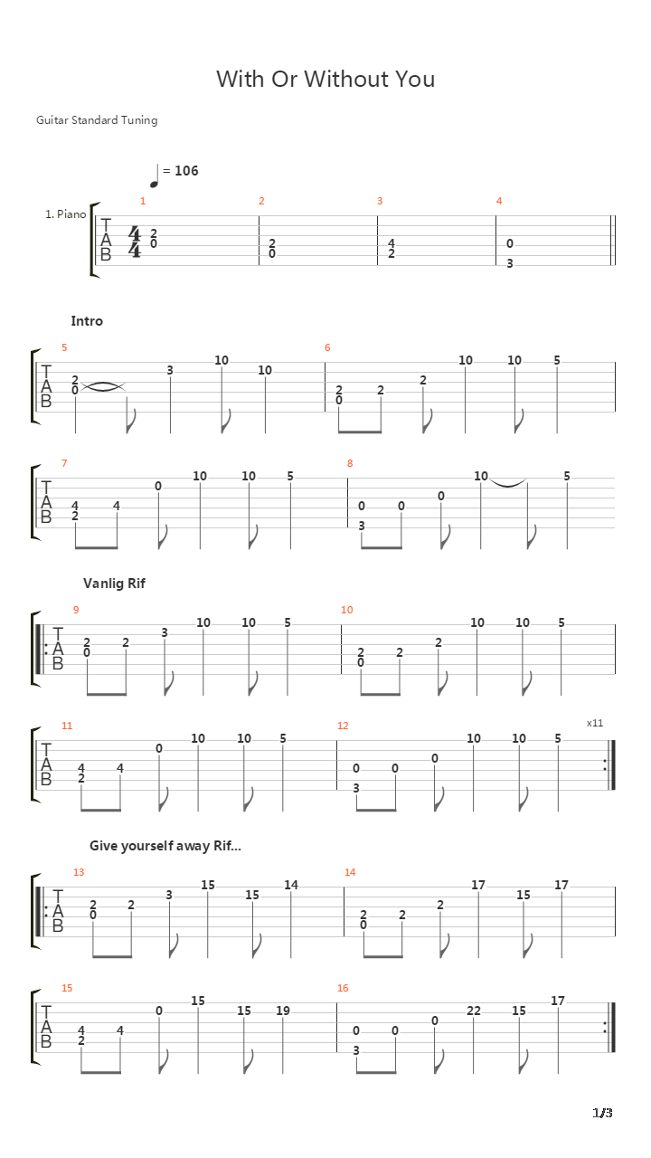 With Or Without You吉他谱