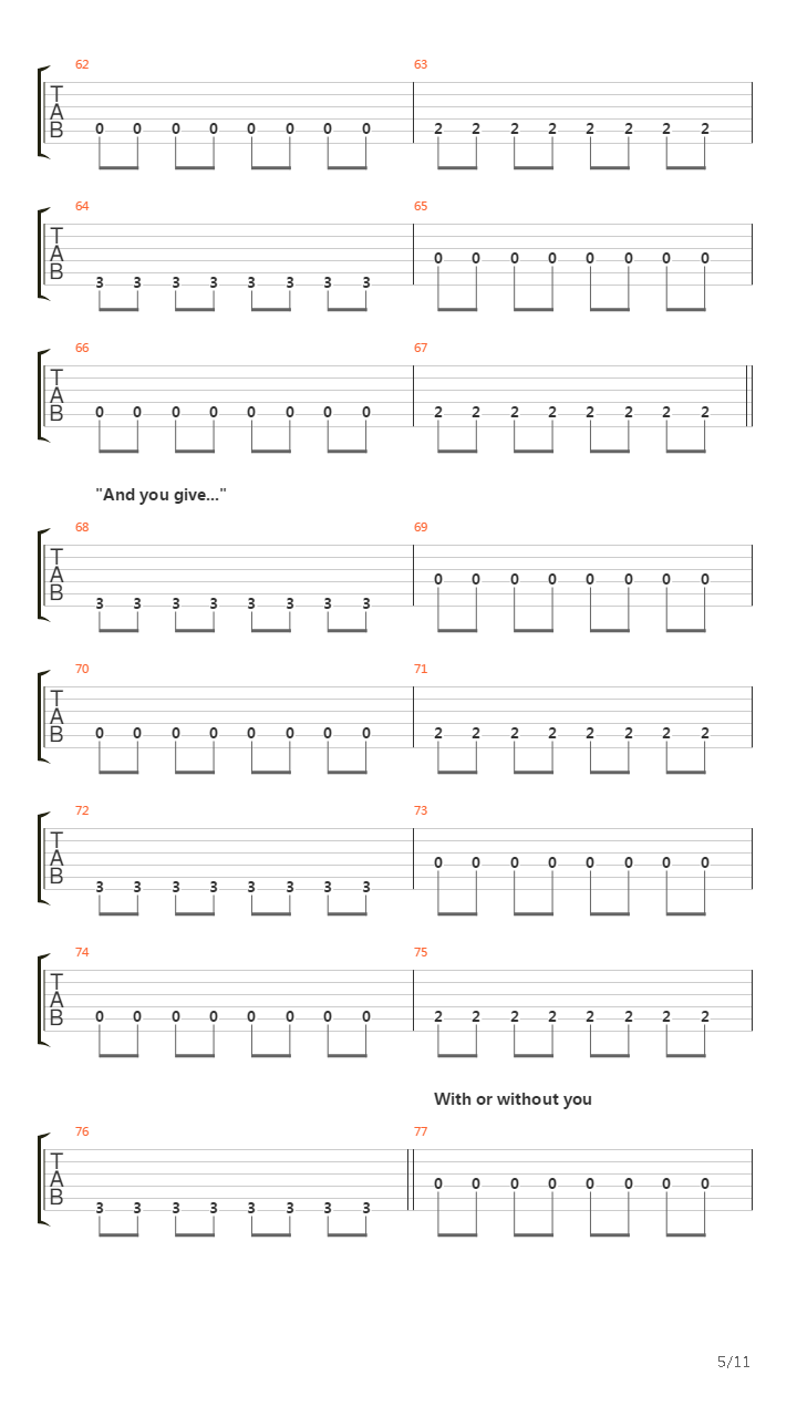With Or Without You吉他谱