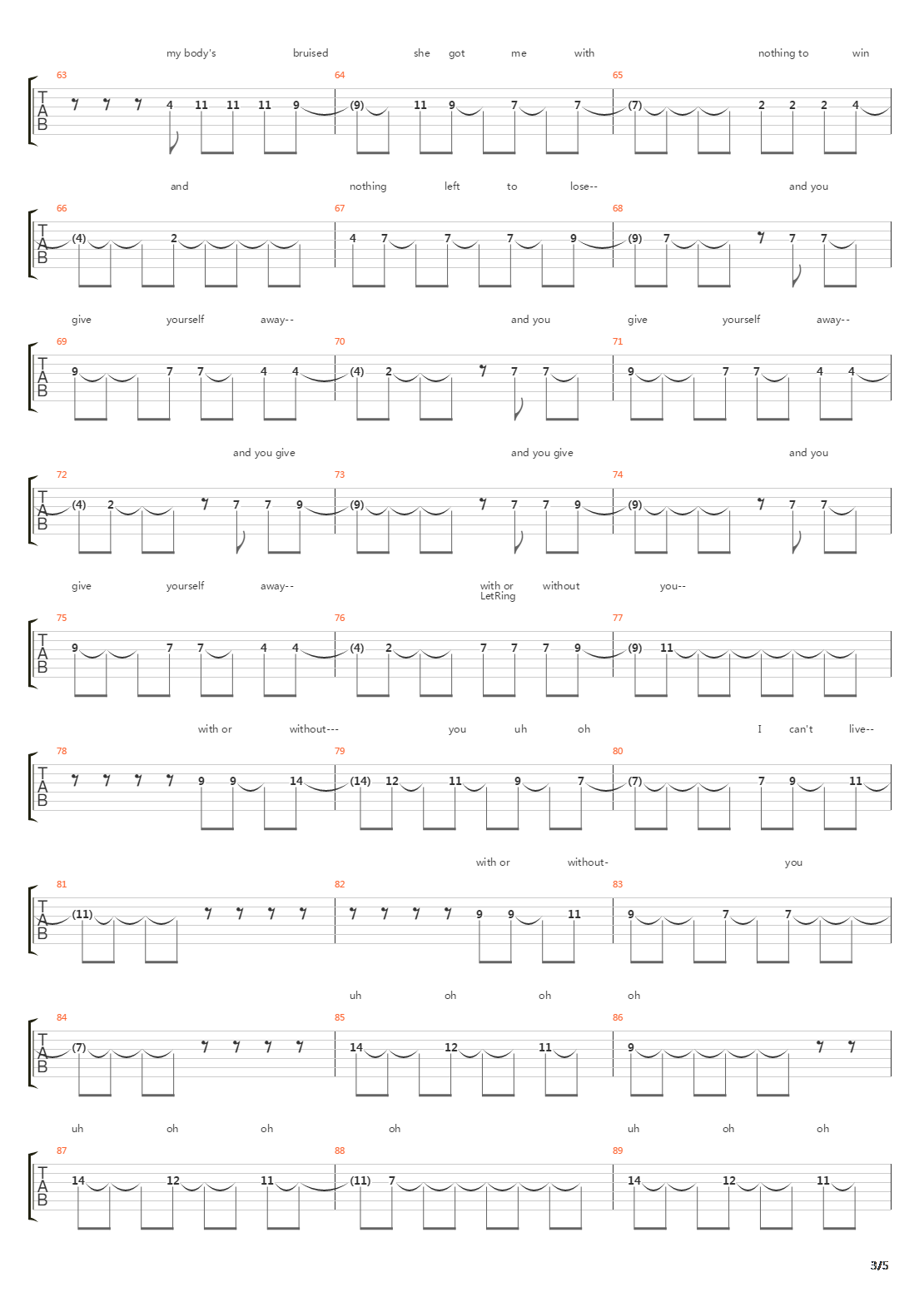 With Or Without You吉他谱