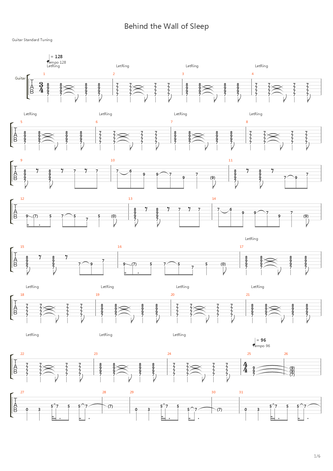Behind The Wall Of Sleep吉他谱