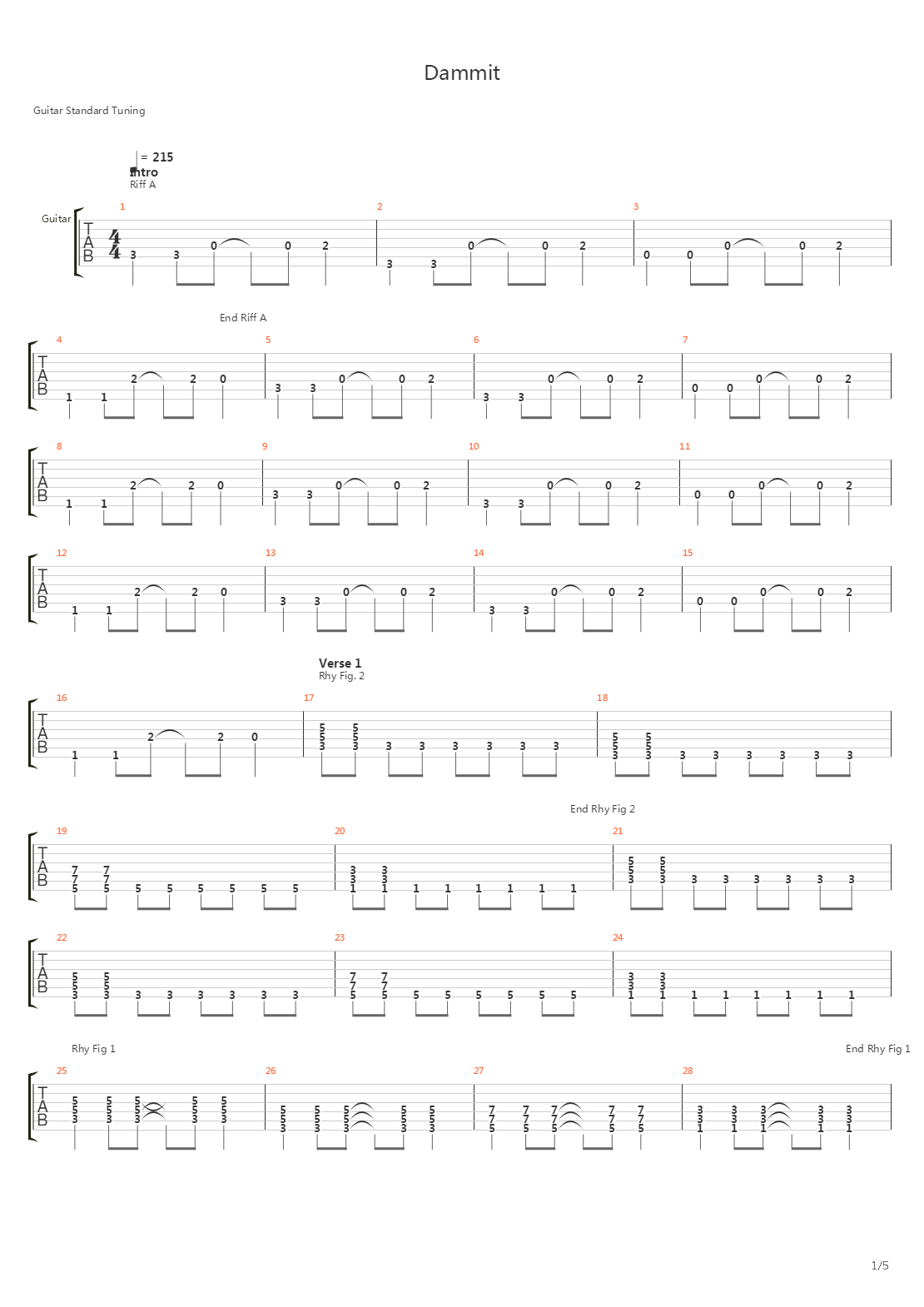 Dammit吉他谱