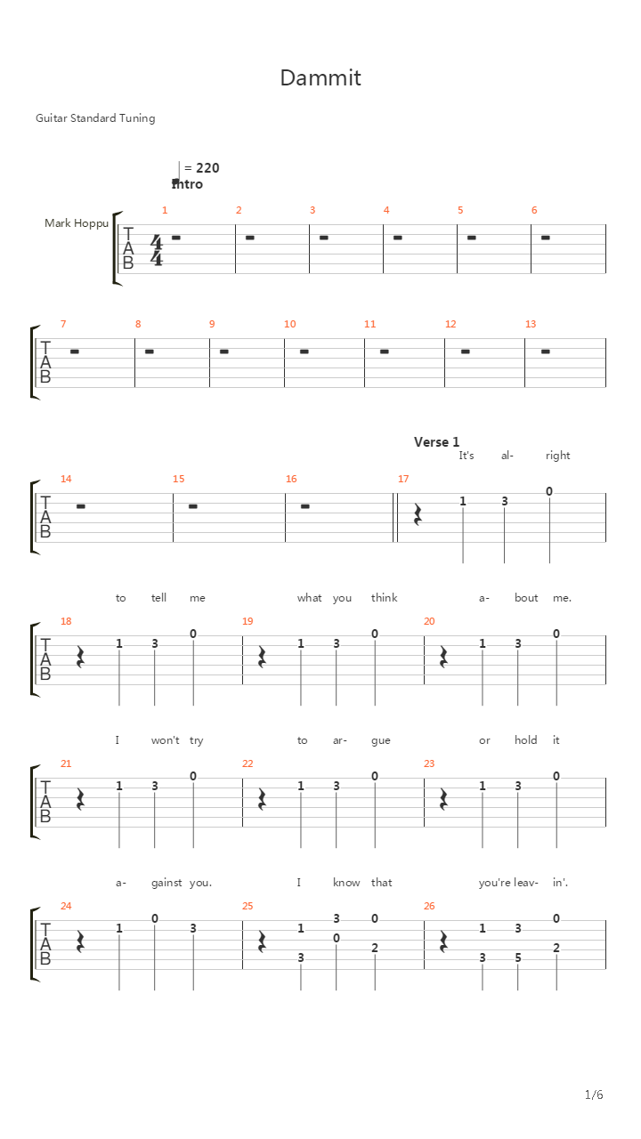 Dammit吉他谱