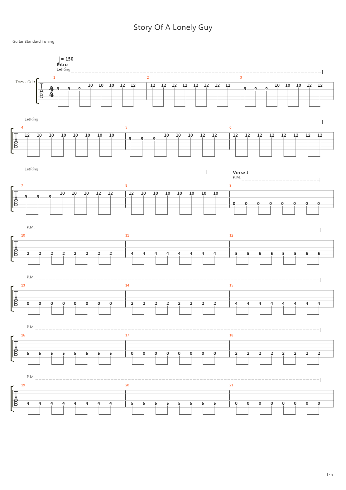 Story Of A Lonely Guy吉他谱