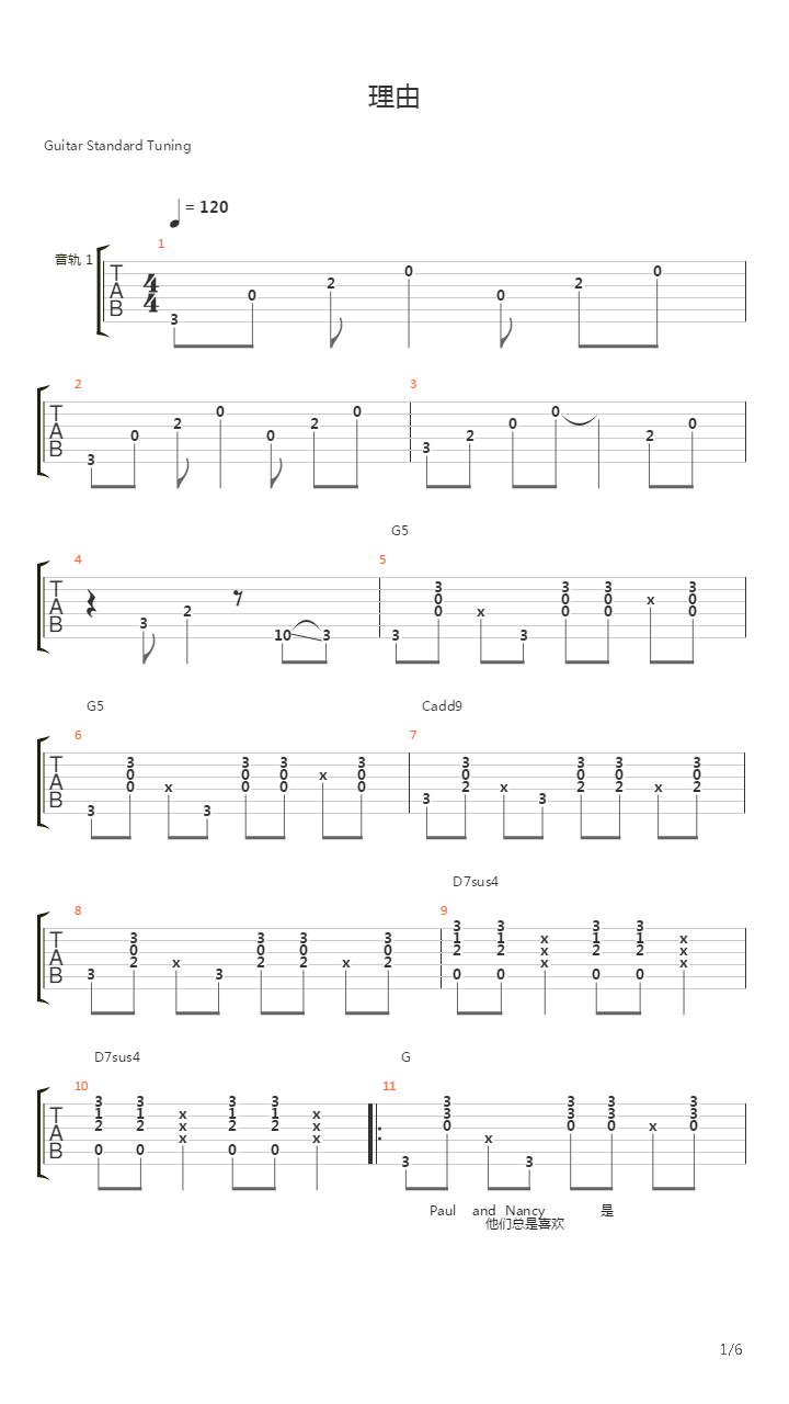 理由吉他谱