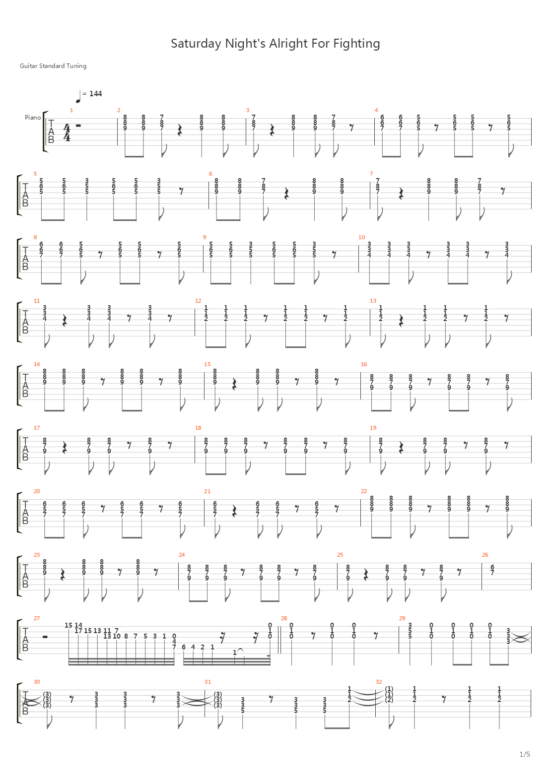 Saturday Nights Alright For Fighting吉他谱