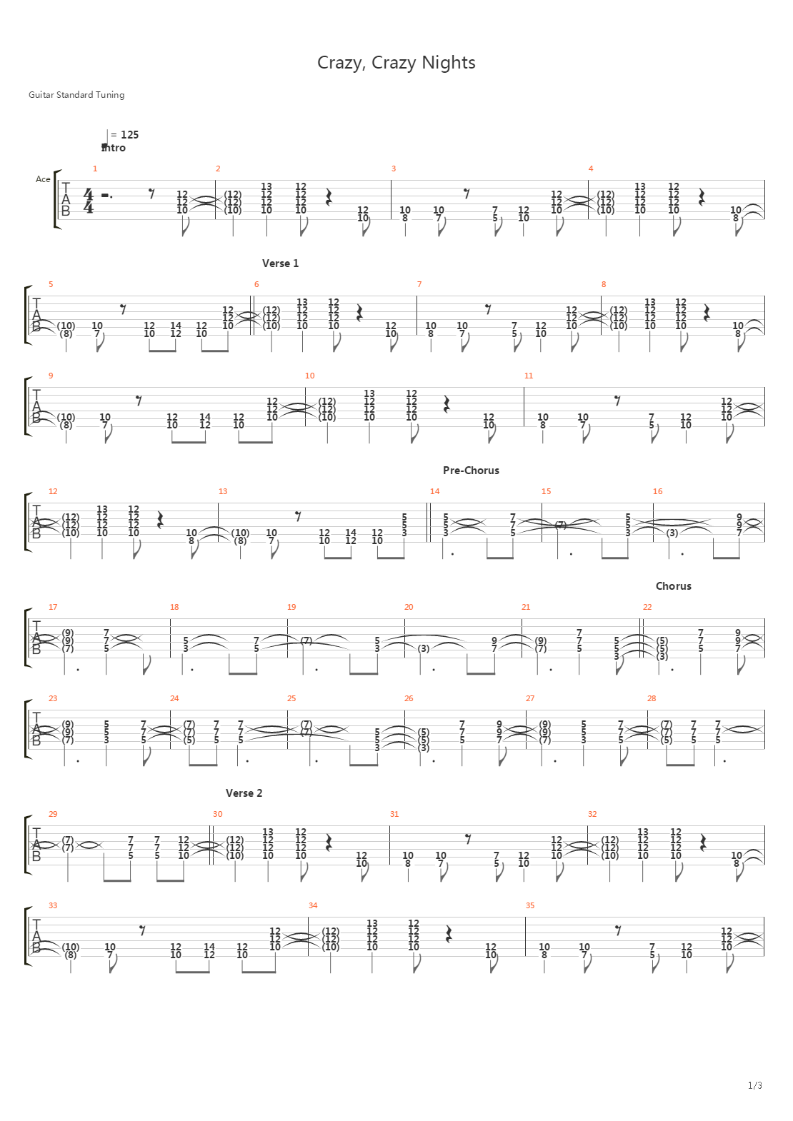 Crazy Crazy Nights吉他谱