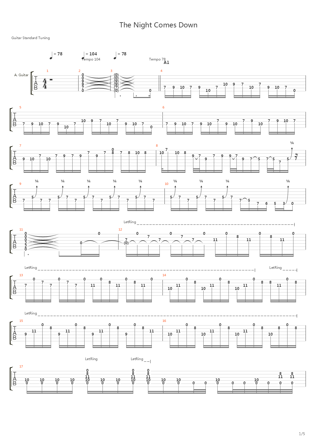 The Night Comes Down吉他谱