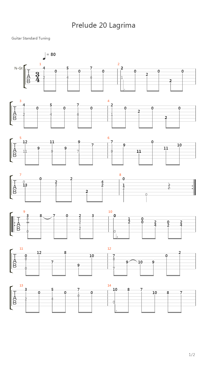 Prelude 20 Lagrima吉他谱