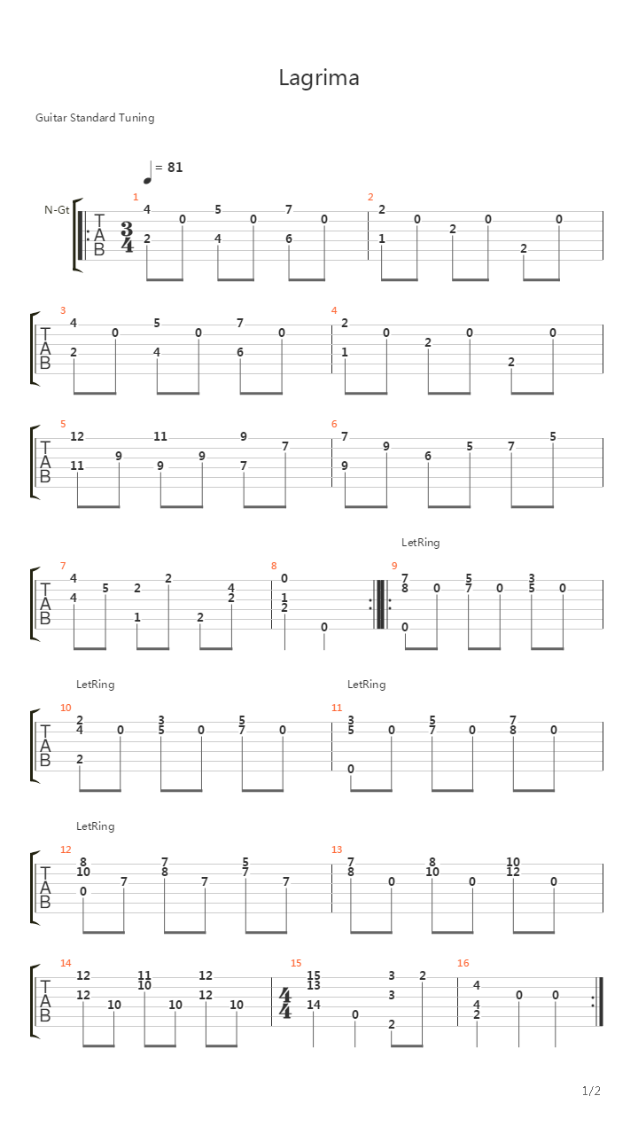 Preludio Una Lagrimaall Sections吉他谱