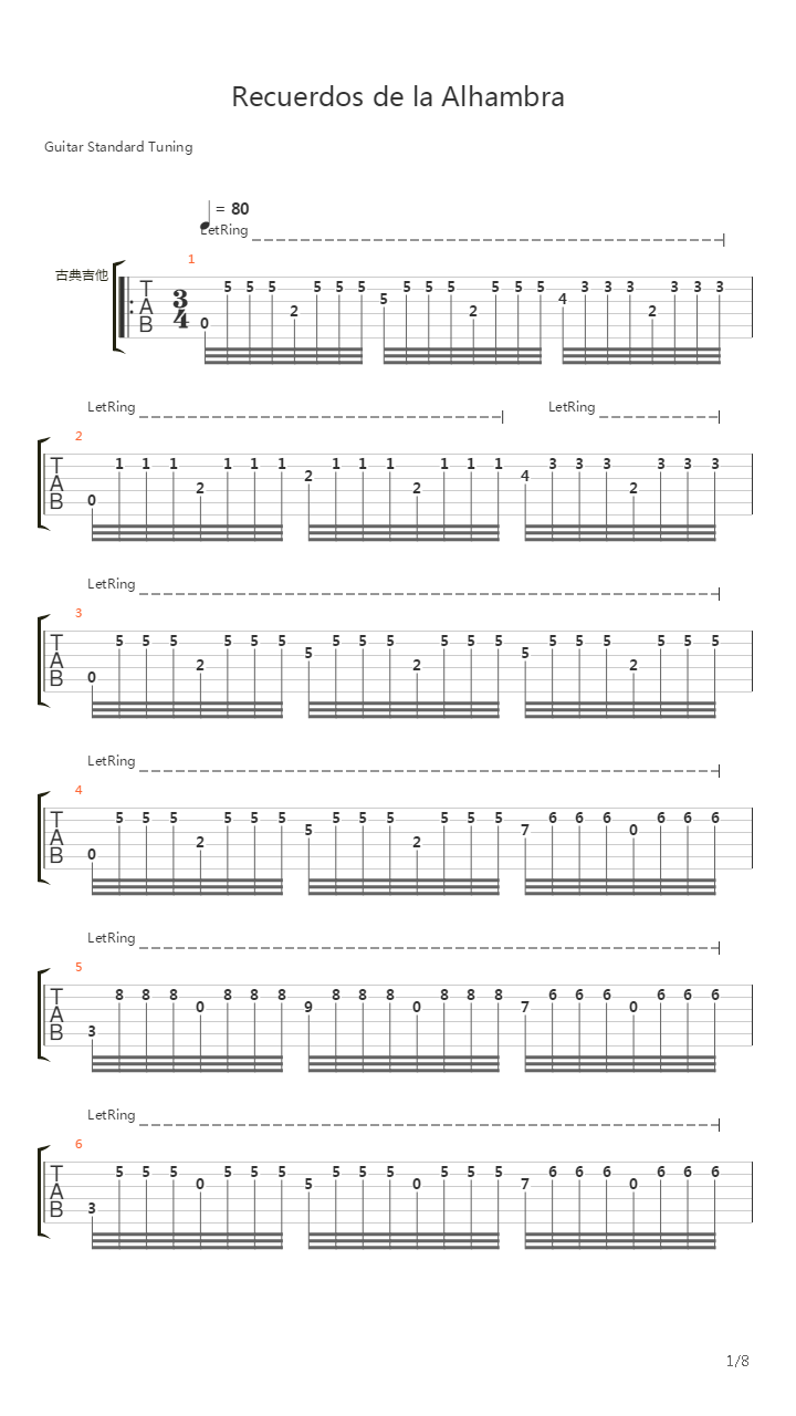 Recuerdos De La Alhambra吉他谱