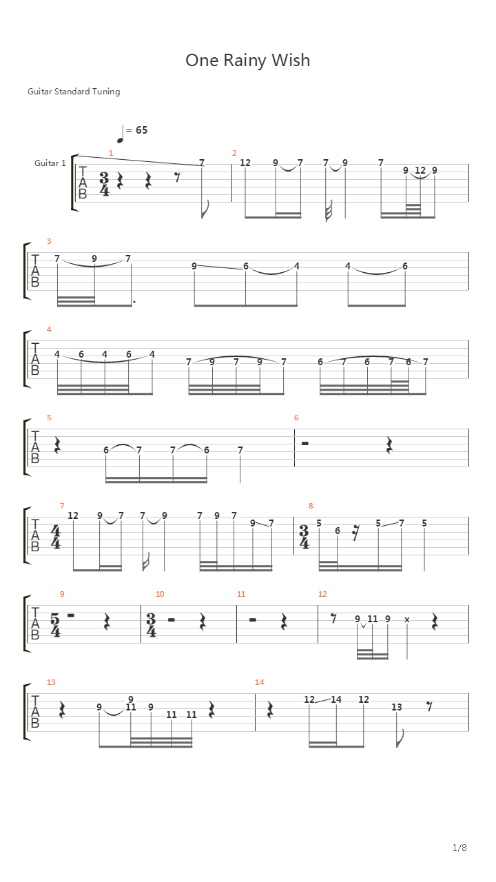 One Rainy Wish吉他谱