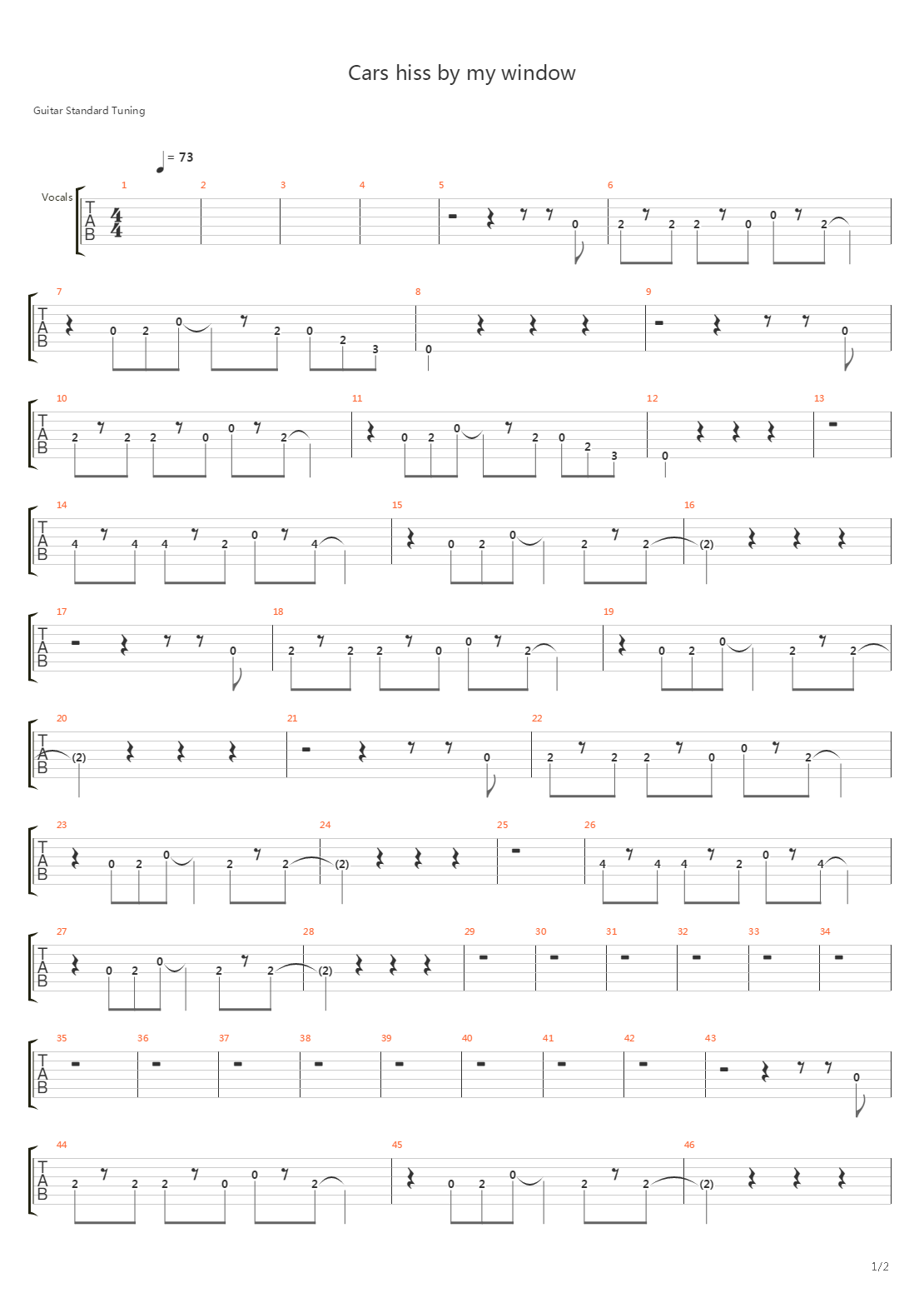 Cars Hiss By My Window吉他谱