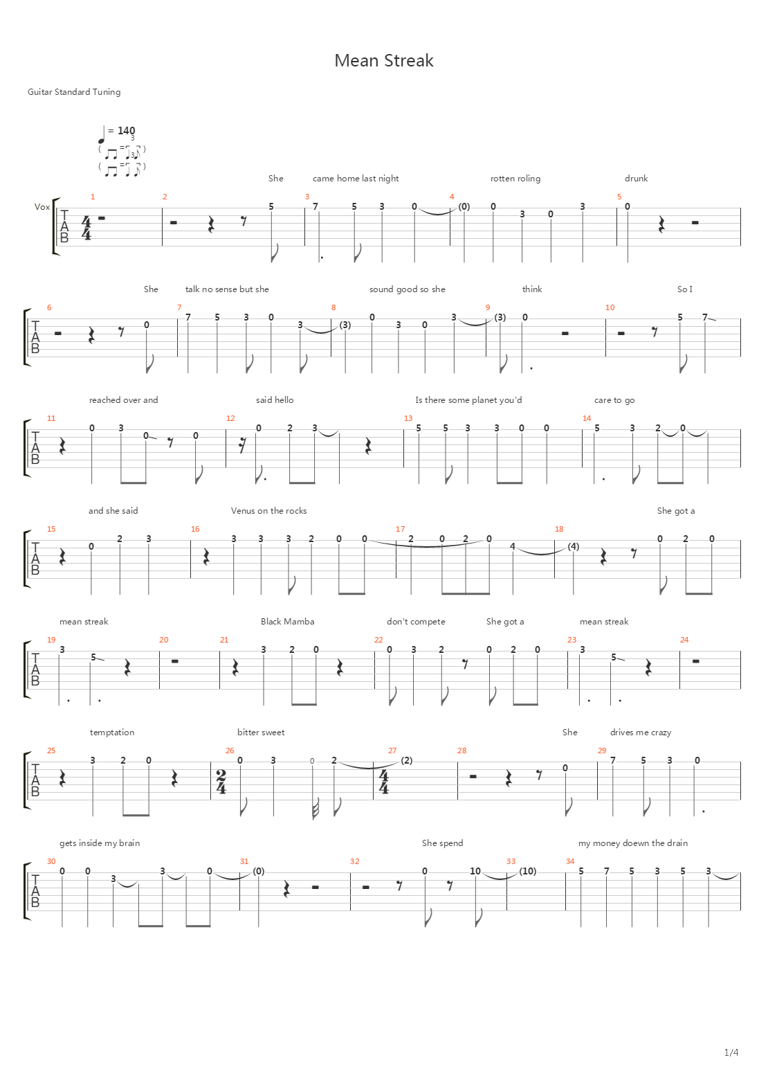 Mean Streak吉他谱