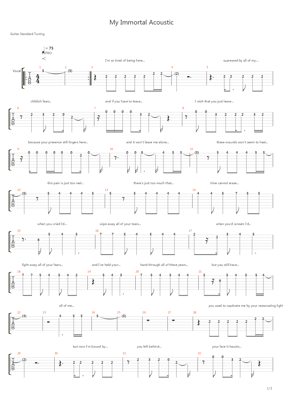 My Immortal吉他谱
