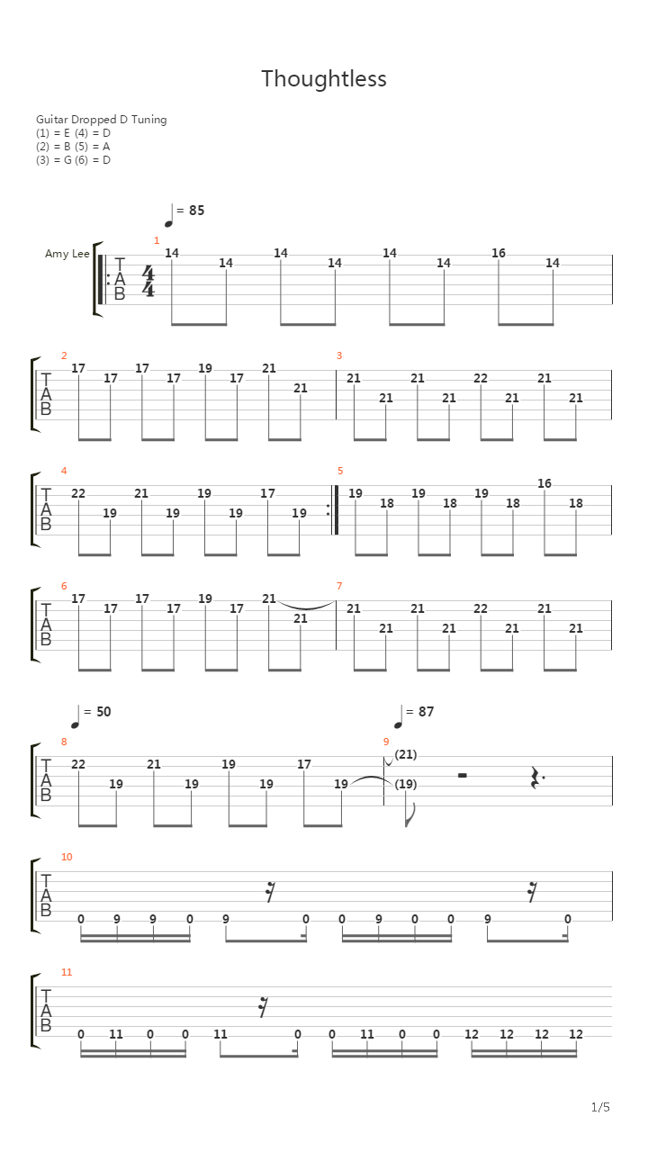 Thoughtless吉他谱