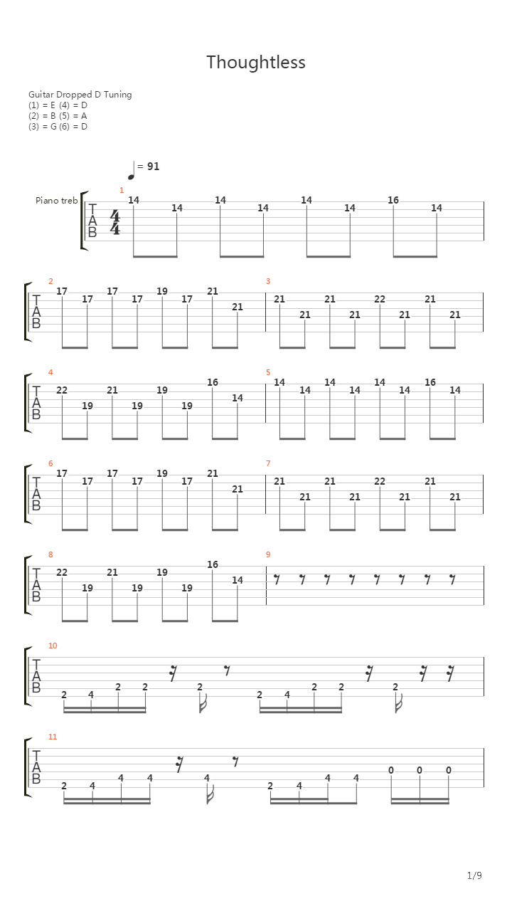 Thoughtless吉他谱