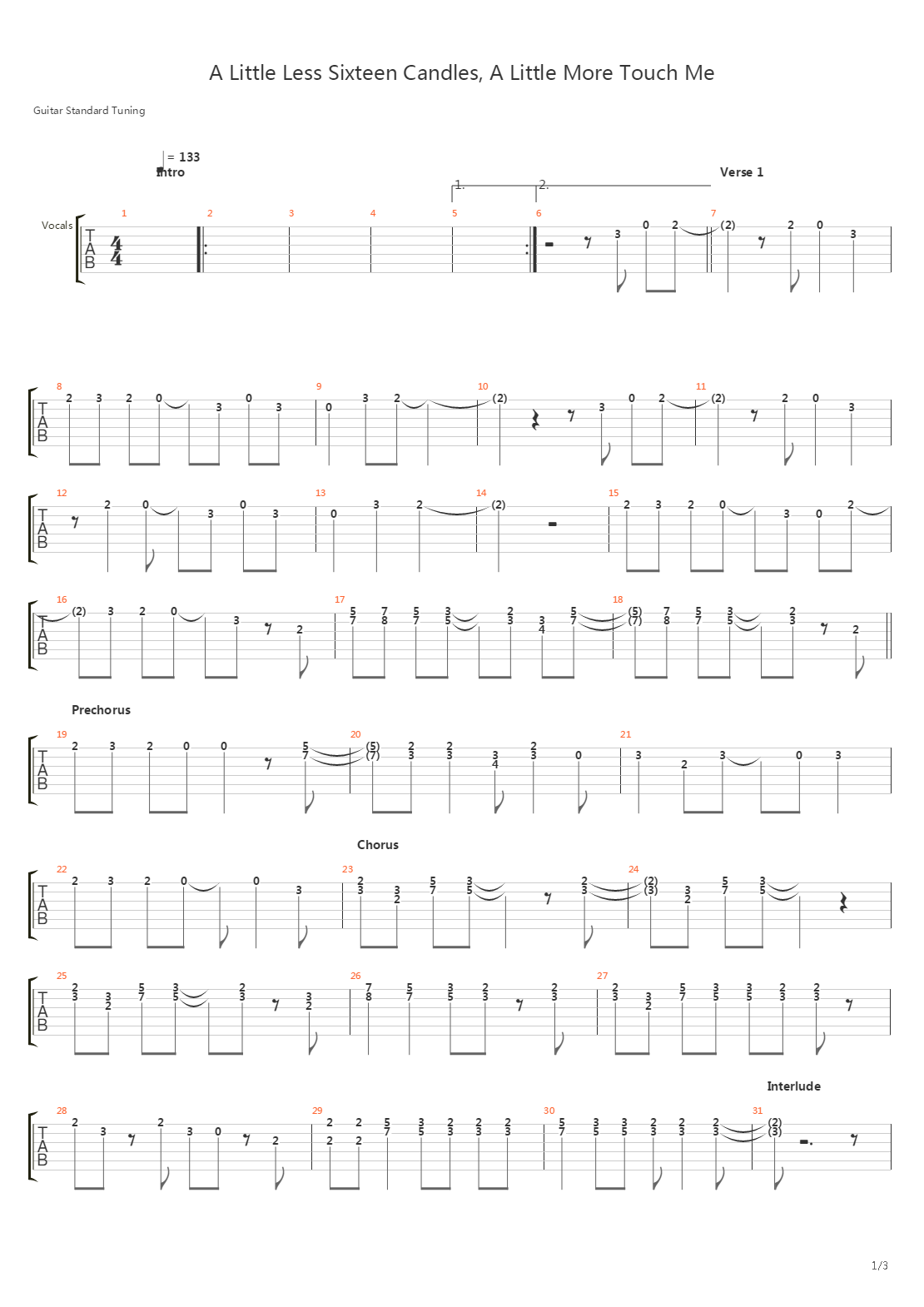 A Little Less Sixteen Candles A Little More Touch Me吉他谱