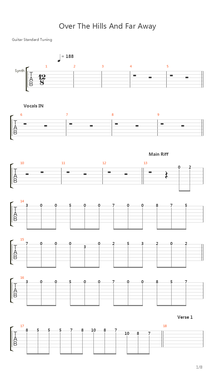 Over The Hills And Far Away吉他谱