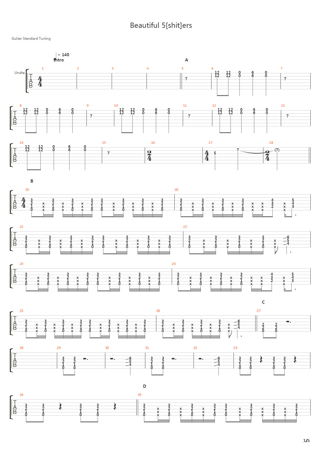 Beautiful 5 Shiters吉他谱
