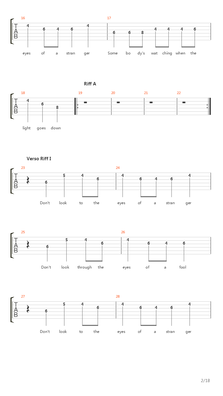 Dont Look To The Eyes Of A Stranger吉他谱
